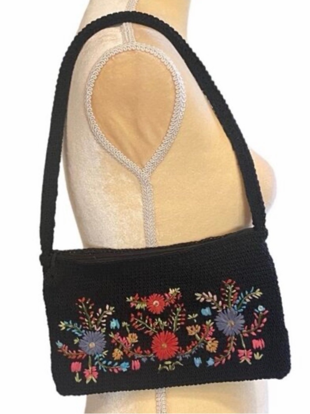 St. John's Bay Black Knitted Mini Shoulder Bag with Multicolor Floral Embroidery
